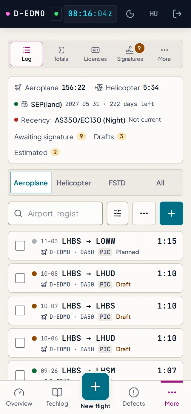 The ChockOps logbook: a list of flights with date, departure and arrival, aircraft, total time, landings and status badges such as draft and confirmed.