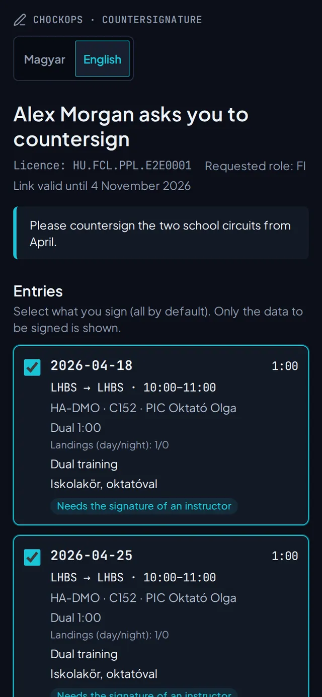 The countersigning page an instructor opens from the link, on a phone: the flights to sign and a signature pad.