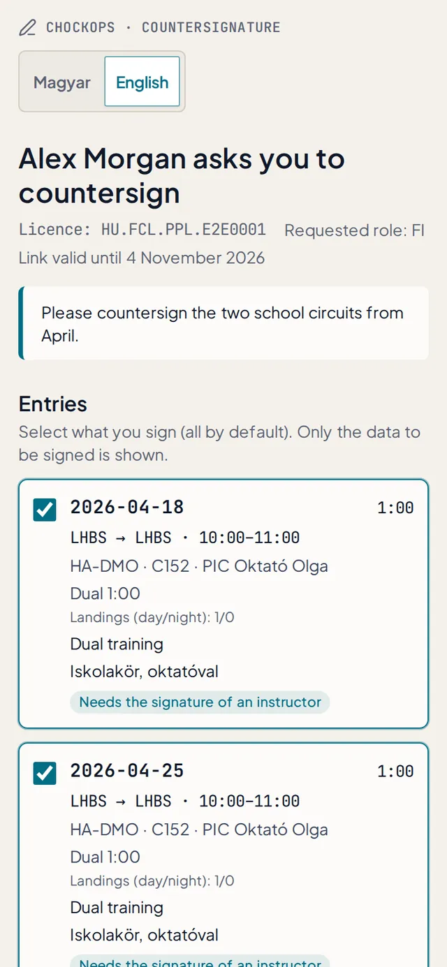 The countersigning page an instructor opens from the link, on a phone: the flights to sign and a signature pad.